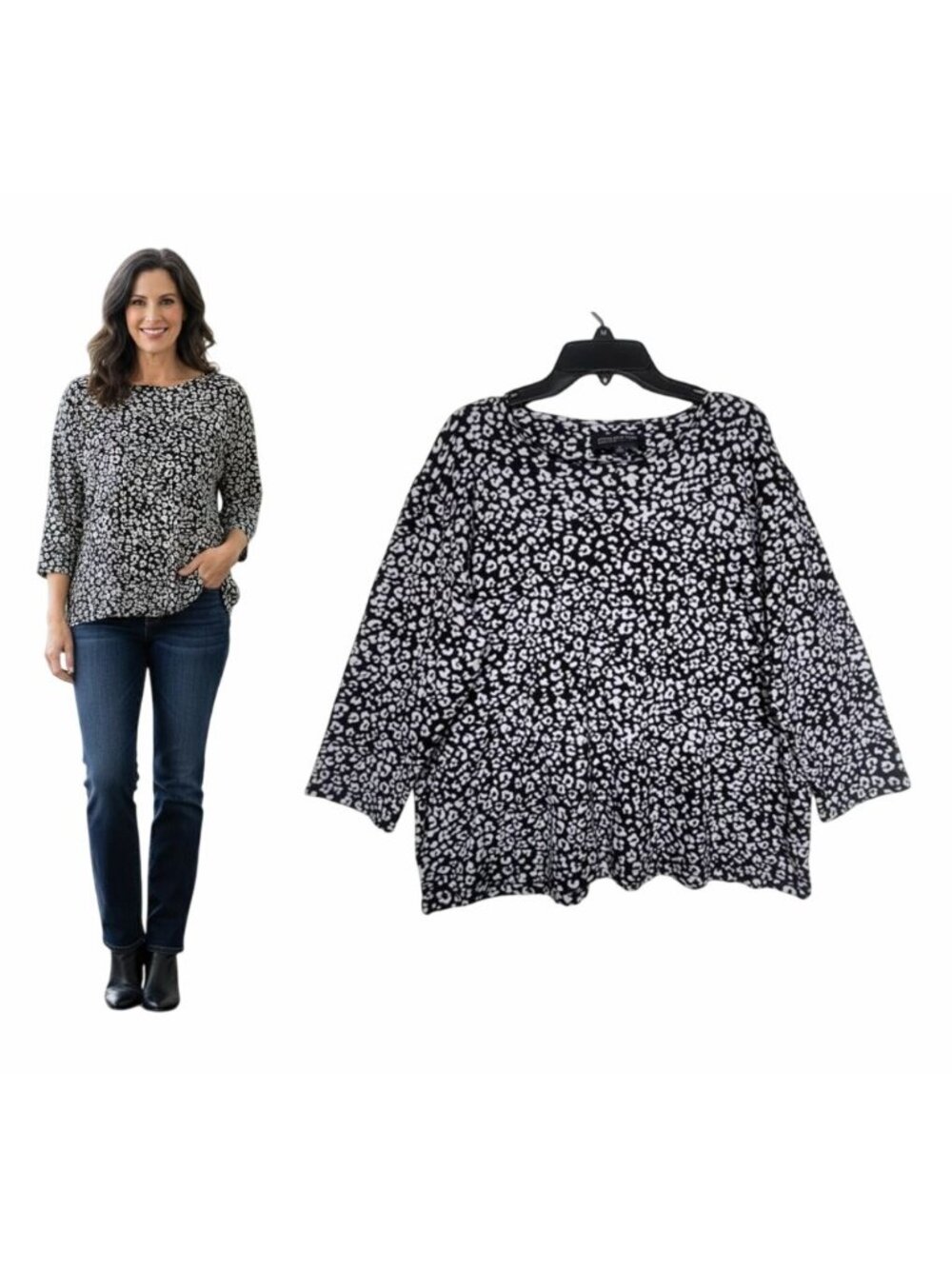 ⭐Jones New York 1X Women's Basic Top Animal Print Black White 3/4 Sleeve Cotton
